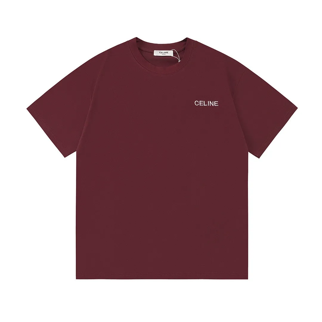 Celine Celine 2026 official website New Arrival Imported machine high-density embroidered small letters logo Men's and women's Same Style short-sleeved T-shirt ·Customized 300g 100% double yarn pure cotton fabric ·Custom dyed 32 double-strand threads ·Collar label, hangtag, main mark and three labels complete Color: Ankara Red Size: XS S M L